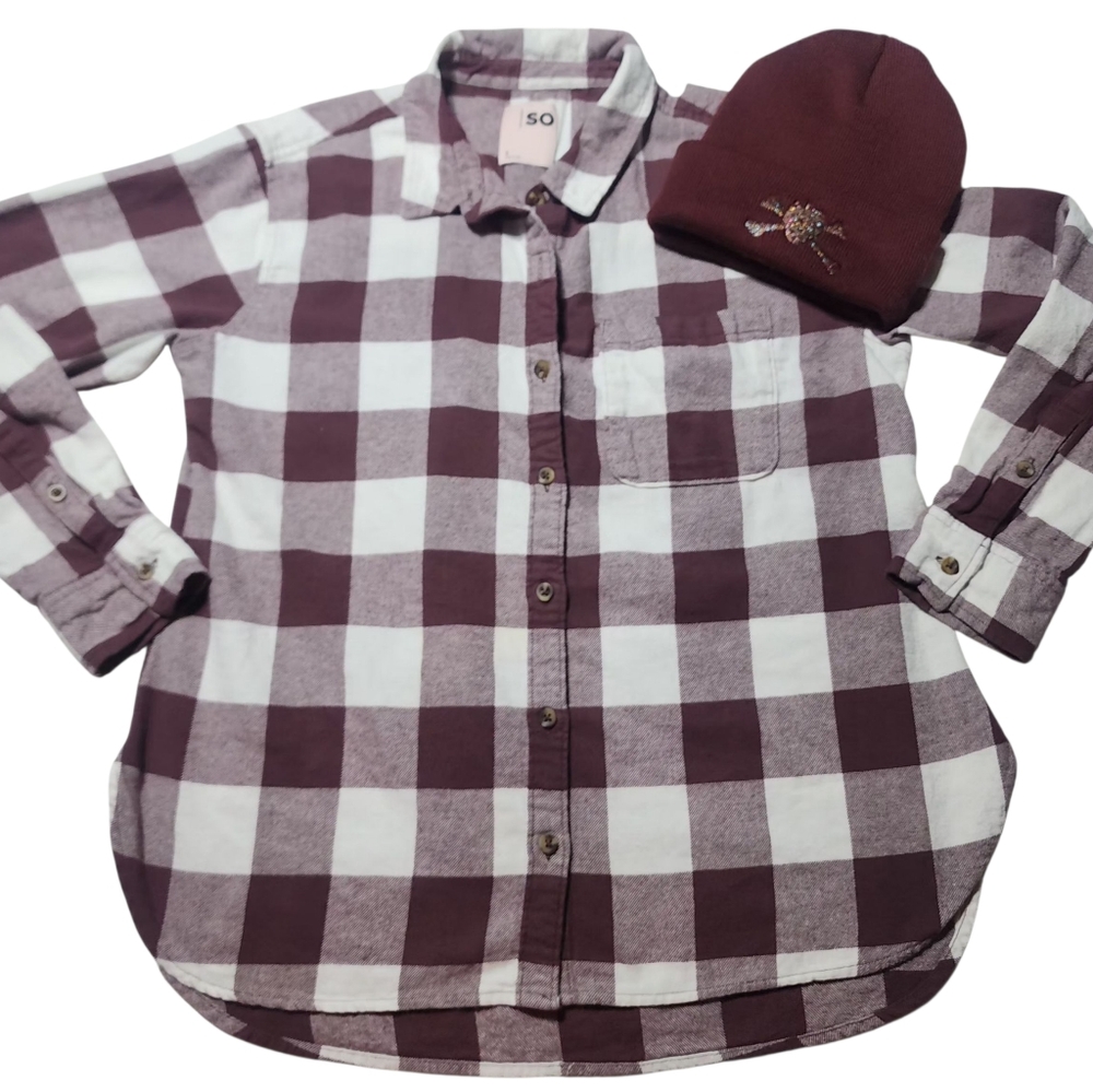 SO 2 Piece Maroon and White Plaid Relaxed Fit Button Up Top Size Small